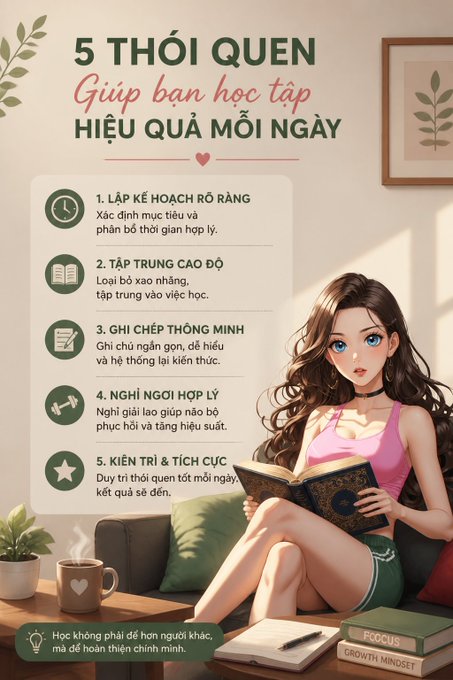 A Vietnamese infographic titled "5 THÓI QUEN Giúp bạn học tập HIỆU QUẢ MỖI NGÀY" (5 Habits to Help You Study Effectively Every Day) lists study tips like setting clear plans, deep focus, smart note-taking, proper rest, and persistence. 

Note: The image does not relate to the accompanying post about Bitcoin being excluded from S&P's new crypto index—it's a study habits graphic, not a cryptocurrency or finance chart.