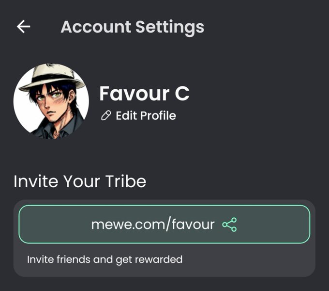 An 'Account Settings' screen for a user named 'Favour C', featuring an anime avatar of a man in a hat and an invite link 'mewe.com/favour'.