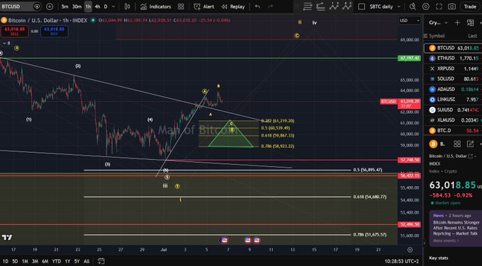 A detailed TradingView BTCUSD chart annotated with Elliott Wave analysis by 'Man of Bitcoin,' showing Fibonacci retracement levels and a wave count projection toward $65,000.