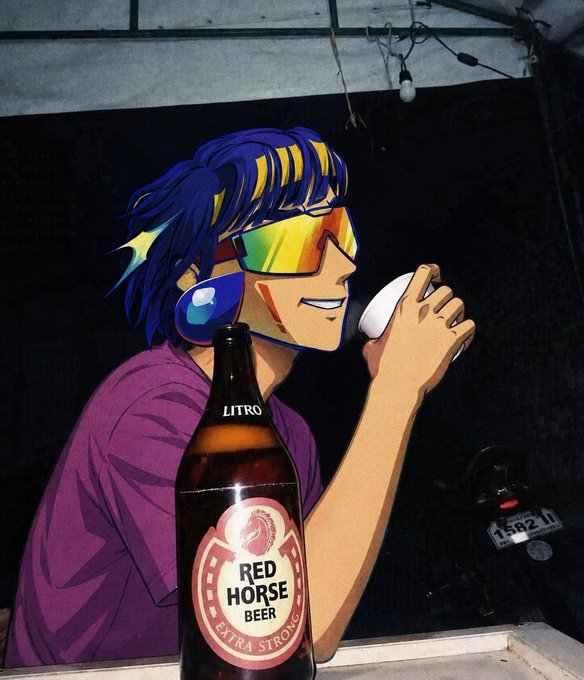 An anime-style character with blue hair and rainbow-tinted sunglasses drinks from a white cup next to a LITRO Red Horse Beer bottle (Extra Strong).