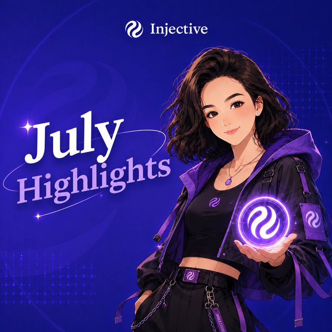 An illustrated promotional graphic for Injective, featuring a female character holding a glowing purple orb with the Injective logo, titled 'July Highlights'.