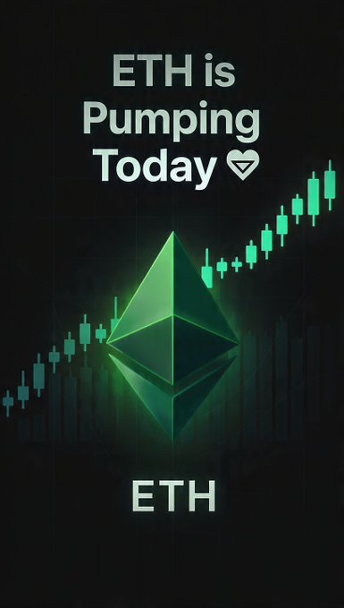 A graphic displays the Ethereum (ETH) logo over a candlestick chart with the text 'ETH is Pumping Today' and a white heart symbol.