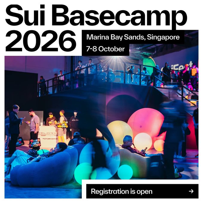 A promotional graphic for 'Sui Basecamp 2026' event at Marina Bay Sands, Singapore on 7-8 October, showing attendees in a colorful lounge area with neon lighting, featuring a 'Registration is open' button.