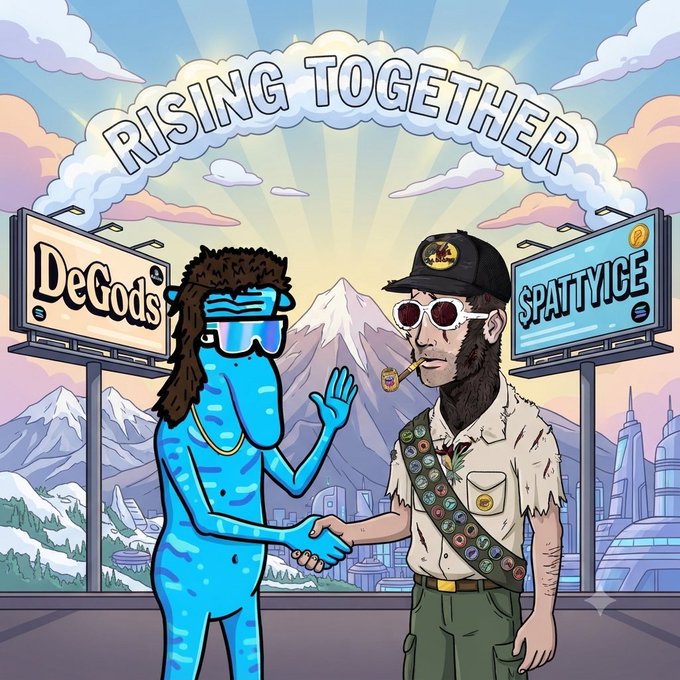 An illustration titled 'RISING TOGETHER' showing a blue creature labeled 'DeGods' shaking hands with a bearded park ranger character labeled 'SPATTYICE' against a mountain backdrop.