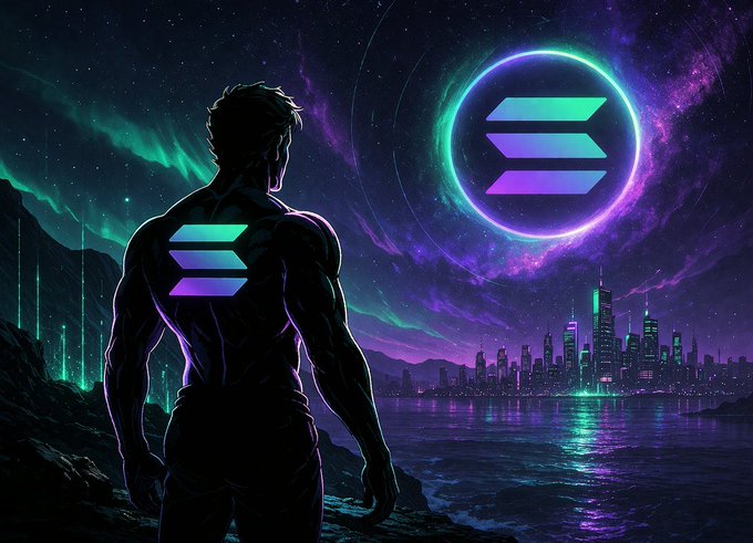 A digital illustration features a muscular, silhouetted man with the Solana logo glowing on his back, looking out over a neon-lit cityscape towards a large Solana logo hovering in a starry, purple night sky.