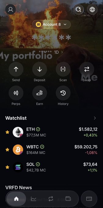 Crypto portfolio app screenshot showing Account 8 with a fire background, navigation buttons (Send, Deposit, Swap, etc.), and a watchlist displaying ETH ($1,582.12), WBTC ($59,202.75), and SOL ($73.64).