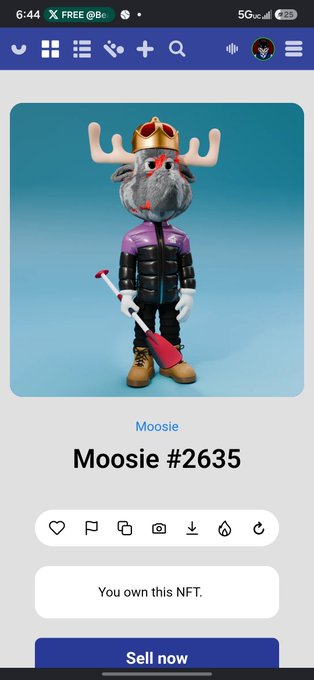 A mobile screenshot of an NFT marketplace displaying "Moosie #2635," featuring a 3D animated moose character wearing a crown and holding a rifle, with a "Sell now" button at the bottom.