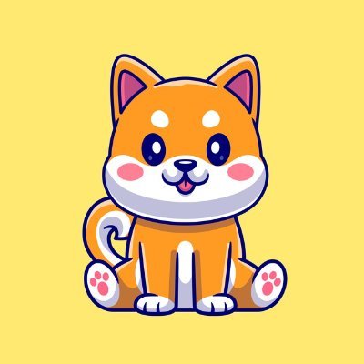 A cute cartoon illustration of an orange and white Shiba Inu dog sitting and smiling with its tongue out against a solid yellow background.