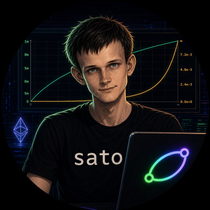 A stylized portrait of a young man labeled "sato" in front of a laptop displaying a neon chain-link icon, with Ethereum logos and mathematical graph overlays in the background.