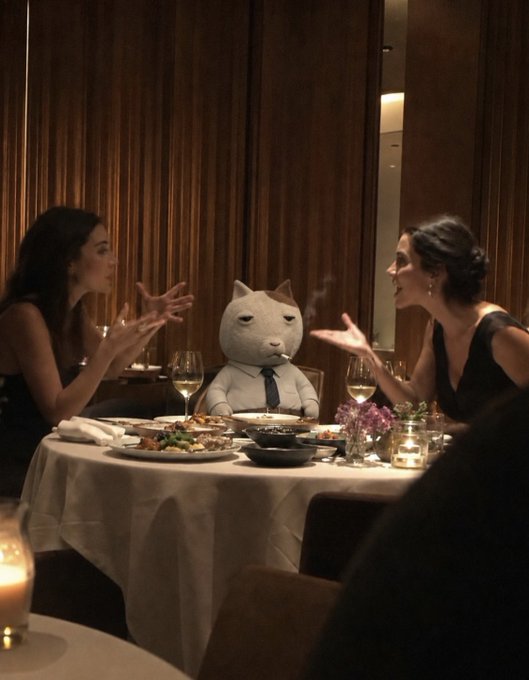 Two women in black dresses sitting at a white-clothed restaurant table, gesturing animatedly while talking across from each other, with a large white cat figure sitting between them.