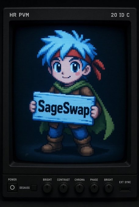 Pixel art displayed on a retro CRT monitor showing a blue-haired character with a red headband holding a 'SageSwap' sign.