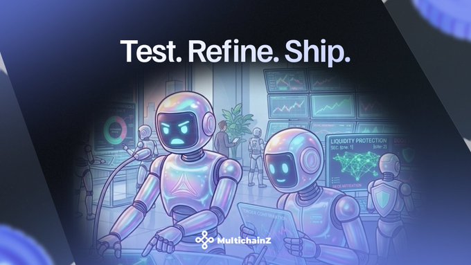 The illustration shows two iridescent robots in a futuristic testing lab with screens displaying "LIQUIDITY PROTECTION" metrics, under the heading "Test. Refine. Ship." — visually reinforcing the post's message that real-world user testing, not theoretical planning, is how MultichainZ uncovers and fixes critical gaps in its architecture.