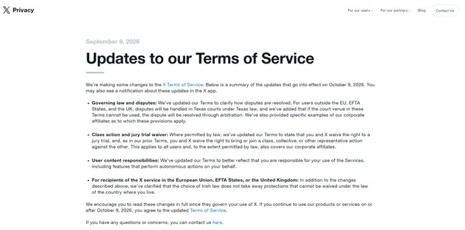 A 'Privacy' website page titled 'Updates to our Terms of Service' dated September 9, 2026, detailing changes to terms, dispute resolution, and user responsibilities.