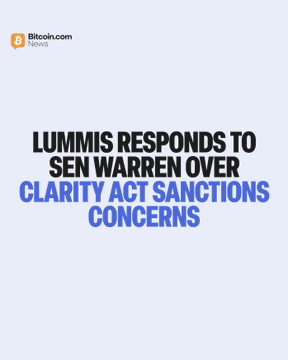 A Bitcoin.com News graphic on a light blue background displays the headline "LUMMIS RESPONDS TO SEN WARREN OVER CLARITY ACT SANCTIONS CONCERNS," accompanying a report where Sen. Lummis pushes back against Sen. Warren's characterization of the CLARITY Act as enabling sanctions evasion.