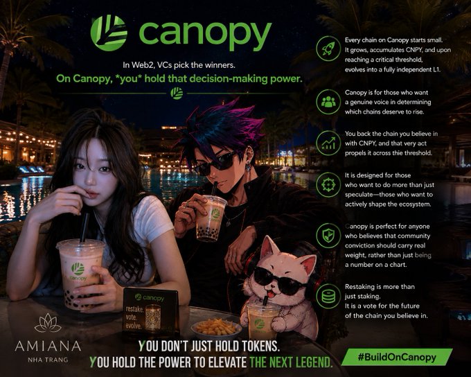 A promotional graphic for the Canopy (CNPY) crypto project features anime-style characters and a cat enjoying bubble tea, alongside bullet points explaining that CNPY holders gain decision-making power to elevate chains into independent L1s, with the tagline "You don't just hold tokens. You hold the power to elevate the next legend."