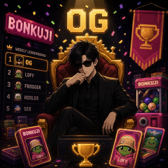 Anime-style promotional artwork for 'BONKUJI' featuring a character in sunglasses on a throne, a weekly leaderboard with LOFY, FROGGER, HODLER, and SER, and various Pepe character collectibles.