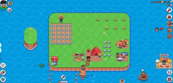 A pixel art farming simulation game shows an island with crops, livestock pens, and characters going about daily activities, with various UI elements and resource counters visible around the edges.