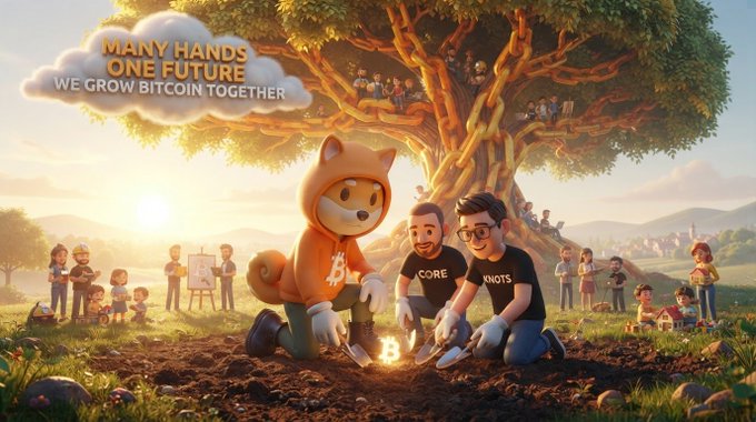 A colorful digital illustration with the text 'MANY HANDS ONE FUTURE WE GROW BITCOIN TOGETHER', showing a Shiba Inu in a Bitcoin hoodie and two men planting a glowing Bitcoin seedling under a large tree.