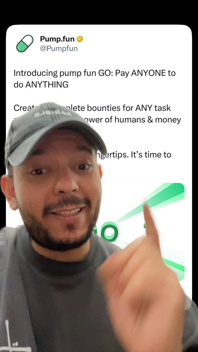 The image features a man wearing a gray shirt, giving him a serious expression as he points at something with his finger. The background of the photo shows a green and white design that appears to be related to the social media platform "PumpkinFun". The caption on the image reads "Introducing pump fun Go Pay Anyone to do Anything".