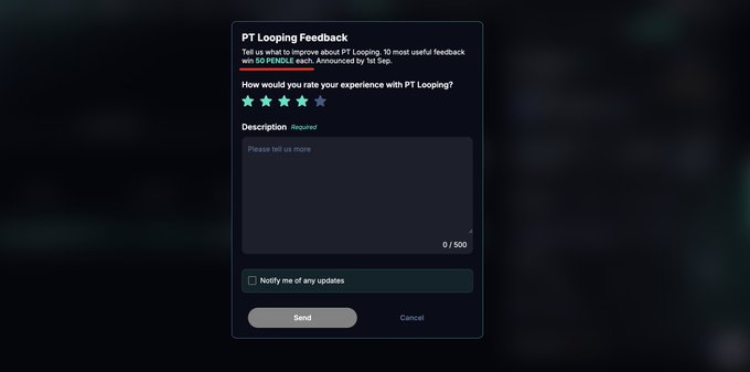 A "PT Looping Feedback" form appears offering users a chance to rate their experience with PT Looping and provide a description up to 500 characters, with 3 out of 5 stars currently selected, in exchange for a chance to win 50 PENDLE tokens.