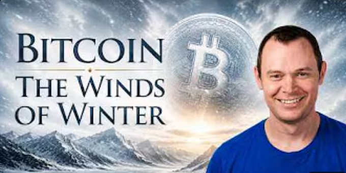 The image, titled "BITCOIN: THE WINDS OF WINTER," shows a man smiling next to graphic featuring a Bitcoin logo over icy mountains and a cloudy sky, visually reinforcing the post's theme of potential BTC downside ahead.