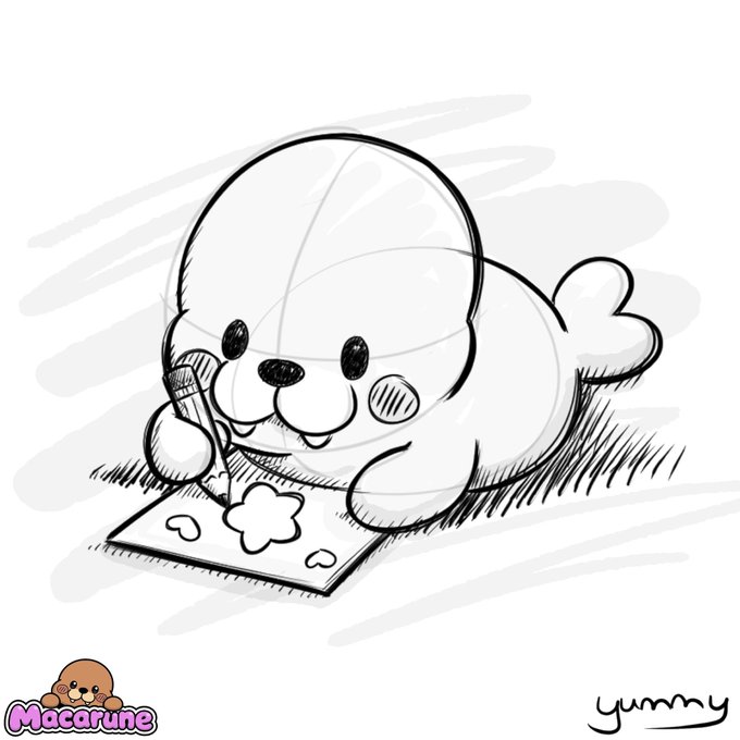 A sketch of a cute cartoon seal drawing on paper with a pencil, branded 'Macarune' with a dog logo and signed 'yummy' in the corner.