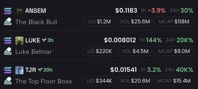 A cryptocurrency trading dashboard displaying memecoins: ANSEM (The Black Bull) at $0.1183, LUKEluke (Luke Belmar) at $0.008012, and TJR (The Top Floor Boss) at $0.01541, with their respective liquidity, volume, and market cap figures.