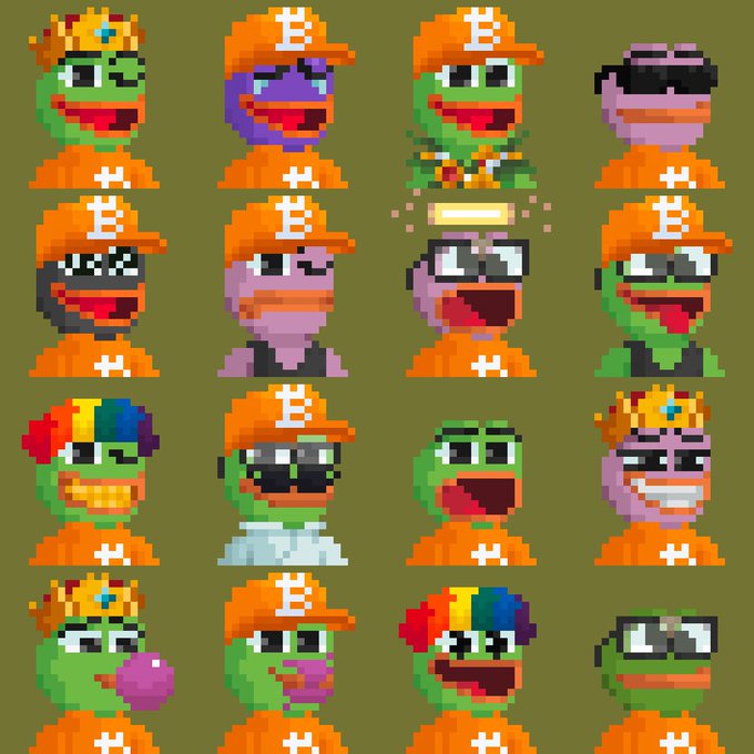 A 4x4 grid of pixel art characters wearing orange baseball caps and shirts, appearing to be variations of Pepe the Frog with different features like sunglasses, crowns, and lollipops.