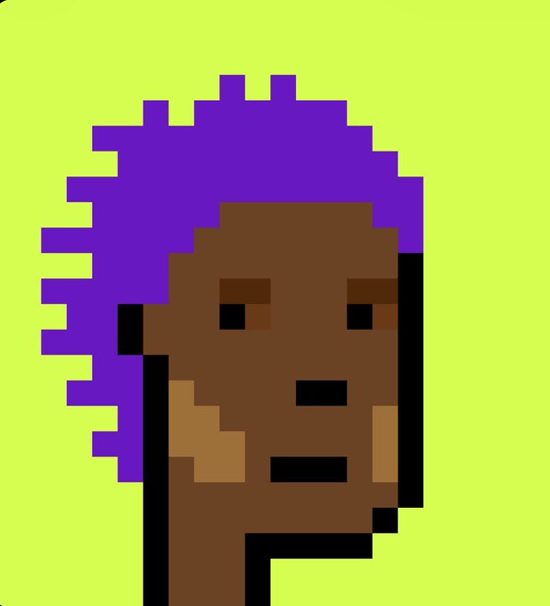A pixel art portrait of a person with dark skin and purple hair against a bright yellow-green background.