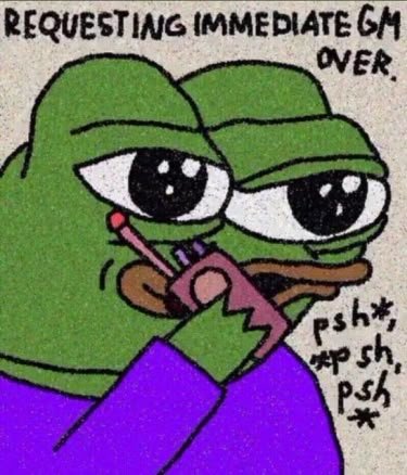 A green Pepe the Frog meme character holds a pink phone, saying 'REQUESTING IMMEDIATE GM' over a radio while making 'pssh' static sounds.