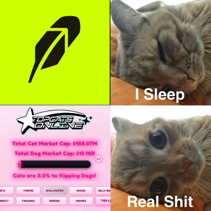 A four-panel meme showing the Robinhood logo on a green background, a cat sleeping captioned "I Sleep," and the TopCats.online website displaying a Total Cat Market Cap of $458.07M and Total Dog Market Cap of $15.18B with "Cats are 3.0% to flipping Dogs!" next to an alert cat captioned "Real Shit." The image humorously suggests that while Robinhood sleeps on meme trading, TopCats.online is actively building a crypto platform aiming to flip dog coins with cat coins.