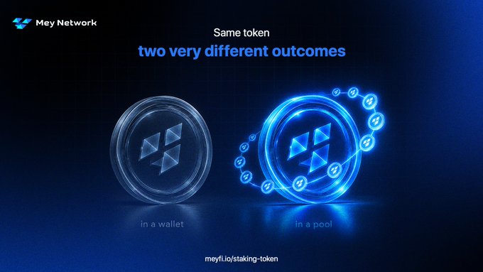A promotional graphic for Mey Network compares two outcomes of holding the same token: "in a wallet" versus "in a pool," with branding visible and the link "meyfi.io/staking-token" displayed, reinforcing the post's call to stake $MEY rather than leave it idle.
