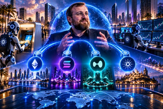A bearded man with glasses, resembling Cardano founder Charles Hoskinson, gestures while speaking against a vibrant futuristic cityscape backdrop featuring holographic globes, AI robots, and cryptocurrency logos (including Solana, what appears to be Ethereum-related, Hedera/HBAR, and Cardano/ADA symbols) floating above a digital world map. The image visually represents the concept of AI agents autonomously managing and transacting cryptocurrency, tying directly to Hoskinson's vision of a future where AI independently handles finances within the Midnight.City ecosystem.