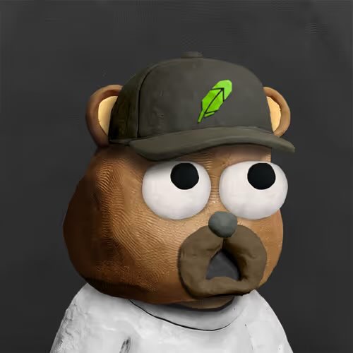 A 3D render of a cartoonish brown bear character with large googly eyes wearing a black cap featuring a green leaf logo and a white shirt.