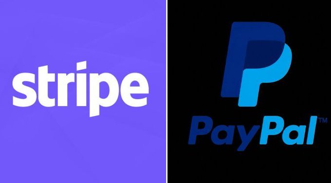 A side-by-side comparison of the Stripe logo (on purple) and the PayPal logo (on black).