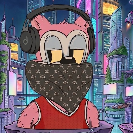 A digital illustration of a pink anthropomorphic character wearing black headphones, a brown Gucci-patterned face mask, and a red jersey, set against a vibrant futuristic cyberpunk cityscape with a rocket in the background.
