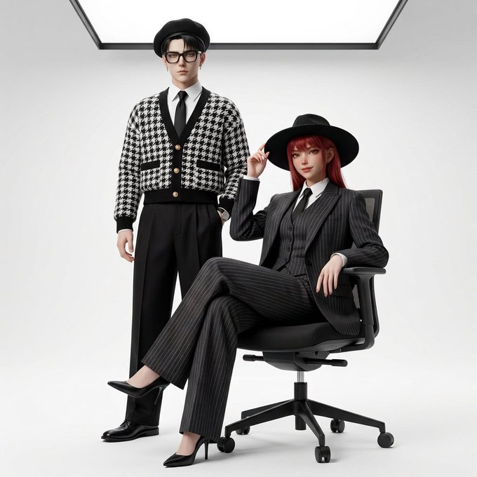 A fashion editorial-style image of two stylish figures: a man standing in a houndstooth cardigan, beret, and glasses, and a woman seated in a black pinstripe suit and wide-brimmed hat.