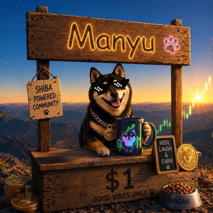 A digital artwork features a Shiba Inu dog wearing pixelated sunglasses sitting at a wooden stand labeled 'Manyu' and 'SHIBA POWERED COMMUNITY', surrounded by cryptocurrency coins and a mug.