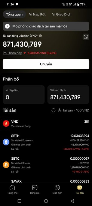 Screenshot of a Vietnamese crypto wallet app showing total assets of 871,430,789 VND, with holdings in SETH, SBTC, and SAVAX showing significant losses.