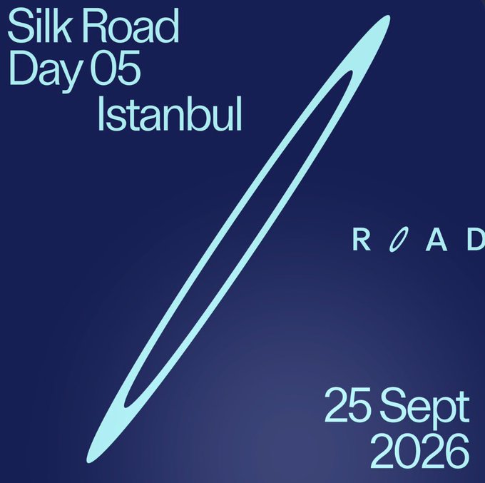 A travel graphic with text 'Silk Road Day 05 Istanbul', 'R O A D', and '25 Sept 2026' on a dark blue background with a diagonal slash.