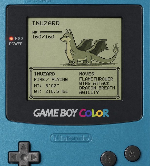 A blue Nintendo Game Boy Color device displaying a fictional creature called 'INUZARD', a Fire/Flying type with 160/160 HP, weighing 210.5 lbs and 8'02" tall, with moves including Flamethrower, Wing Attack, Dragon Breath, and Agility.