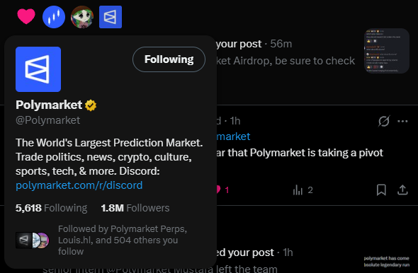 The image shows the Twitter/X profile of Polymarket (@Polymarket), a prediction market platform with 1.8M followers, displaying their bio: "The World's Largest Prediction Market. Trade politics, news, crypto, culture, sports, tech, & more. Discord: polymarket.com/r/discord."

The profile is being viewed because Polymarket allegedly liked a post about Liquidity Provider (LP) importance, which the post context suggests relates to qualifying for an upcoming Polymarket airdrop by earning LP rewards, with $60 placing users in the top 10% of LP farmers.