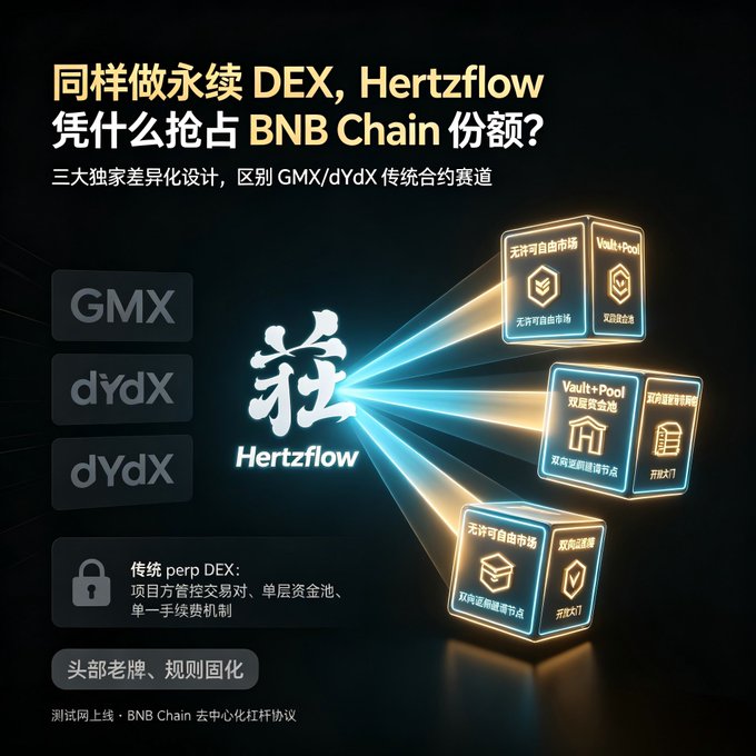 A Chinese-language promotional graphic titled '同样做永续 DEX, Hertzflow 凭什么抢占 BNB Chain 份额?' comparing Hertzflow's unique design against GMX and dYdX perpetual DEX platforms.