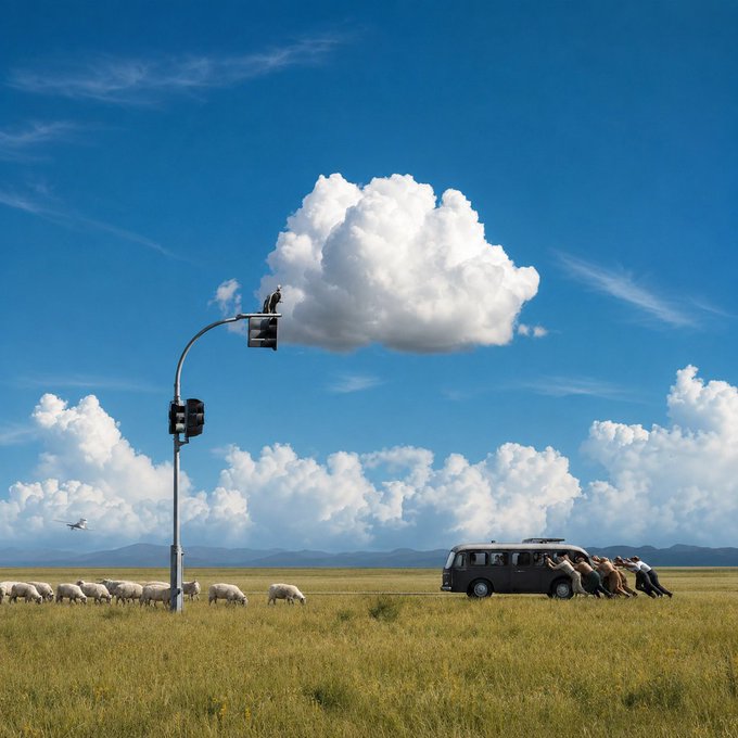 The image features a group of sheep grazing in a field, with a bus driving by them. A person can be seen standing next to the bus, possibly observing or interacting with the animals. The scene also includes several birds flying around above the sheep. In the background, there is a traffic light and a street sign on a pole.