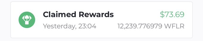 A notification card shows "Claimed Rewards" totaling $73.69 from 12,239.776979 WFLR claimed yesterday at 23:04, visually confirming the post's claim of successfully claiming over 12,000 WFLR tokens in a single epoch through their preferred FTSO provider.