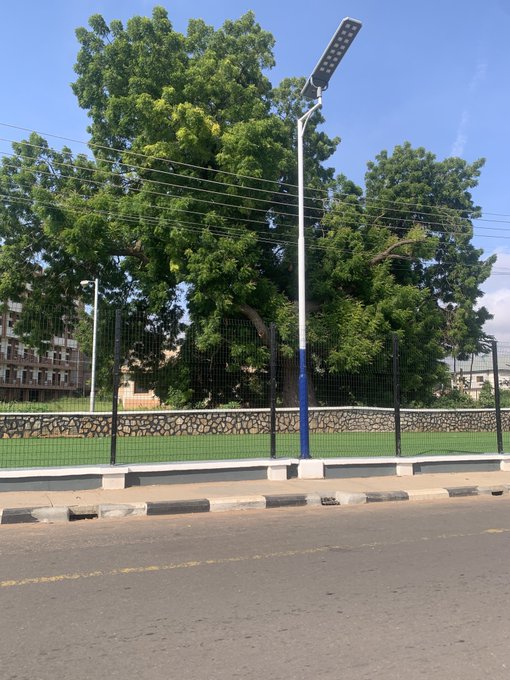 A solar-powered street lamp with a blue and white pole stands beside a road, with large green trees and a fence visible in the background.