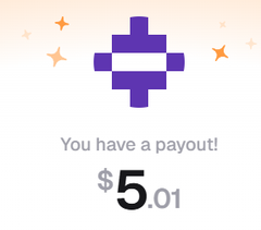 A purple puzzle piece icon with sparkles and the text "You have a payout! $5.01".