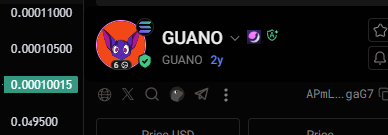 A screenshot of a meme cryptocurrency token called GUANO on what appears to be a trading platform, priced at 0.00010015, featuring a cartoon character avatar.