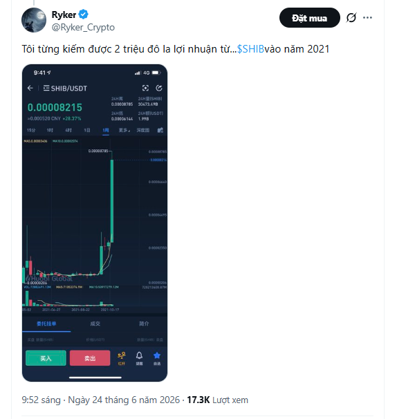 The image is a tweet from Ryker (@Ryker_Crypto) dated June 24, 2026, showing a screenshot of the SHIB/USDT trading chart from Gate.io with a price of 0.00008215 and a 28.37% gain, where Ryker reflects on making $2 million in profit from SHIB back in 2021.