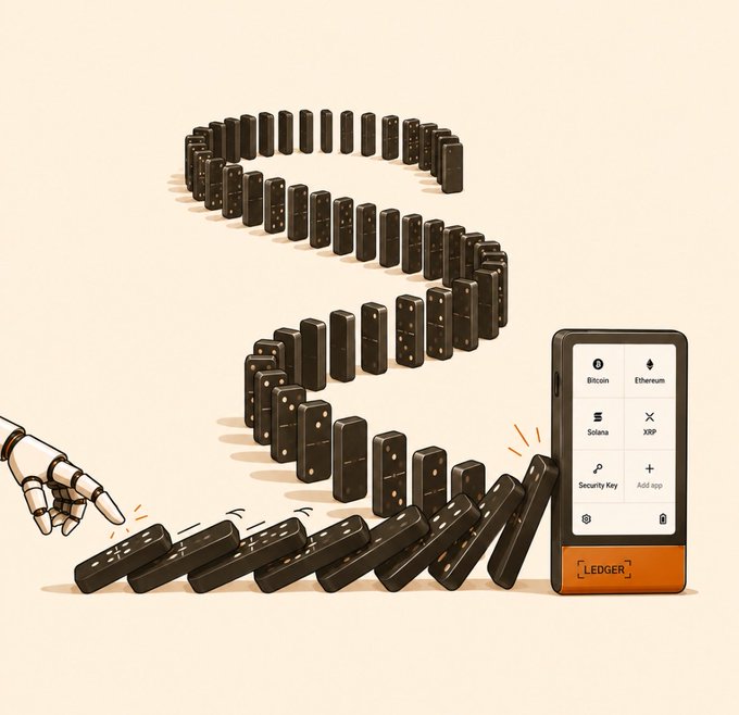 A stylized illustration of numerous Ledger hardware wallets arranged in a winding path leading to a Ledger device screen displaying cryptocurrency options (Bitcoin, Ethereum, Solana, XRP).